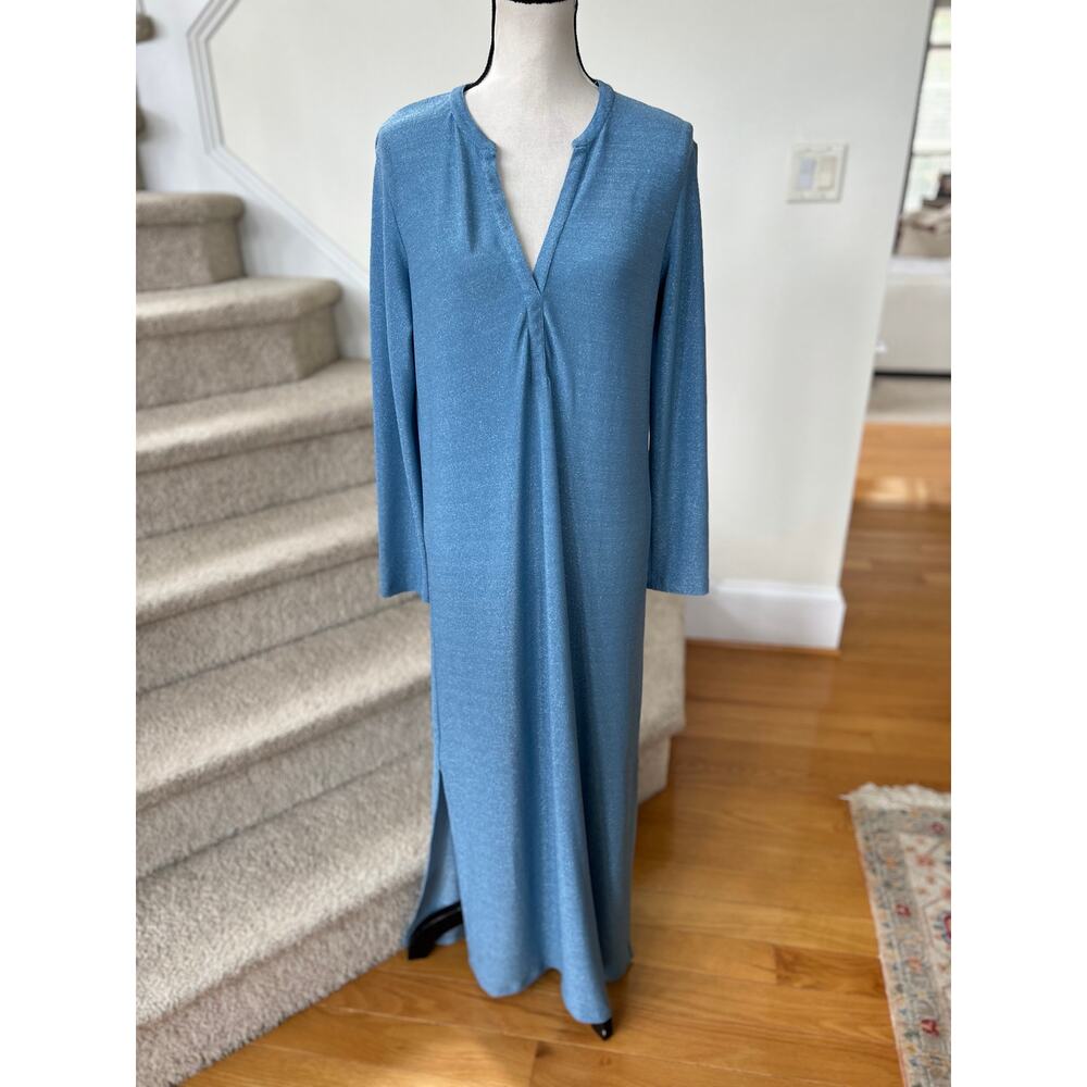 Caliban Light Blue Metallic Silver Sheen Long Sleeve Caftan Maxi Dress Resort